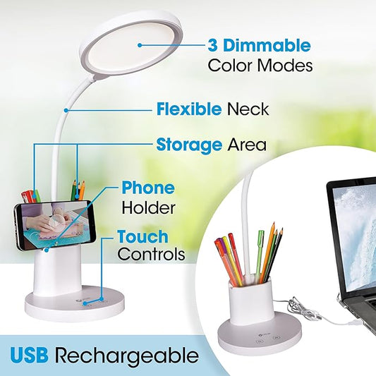 OttLite Rechargeable LED Lamp w/Phone Holder, Clearsun, White, Shipper