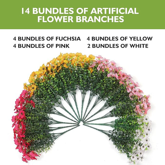 14 Bundles Artificial Flowers UV Resistant for Patio Outdoors Fake Faux Silk Plants Realistic Plastic Flowers Indoors Porch Window Home Decoration (14, Mixed Fuchsia Yellow Pink White)