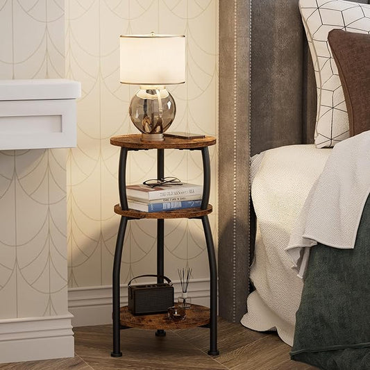 Small Round Side Table, 3-Tier End Table with Storage Shelf, Slim Sofa Table Coffee Table, Sturdy & Easy Assemble Nightstand for Small Spaces, Living Room Bedroom Corner, Rustic Brown
