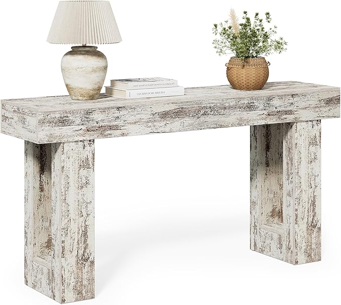 Little Tree 63-Inch Long Console Tables for Entryway, Large Sofa Table Behind Couch, Wooden Entry Foyer Hallway Table, Modern Console Sofa Tables for Living Room, Distressed White