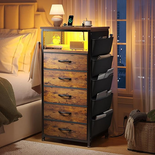 EnHomee Tall Night Stand with 5 Drawers, LED Nightstand with Ports & Outlets, Bedside Table with Extra Side Bag & Storage Shelf & Hooks, Bedroom, Dorm, Closet
