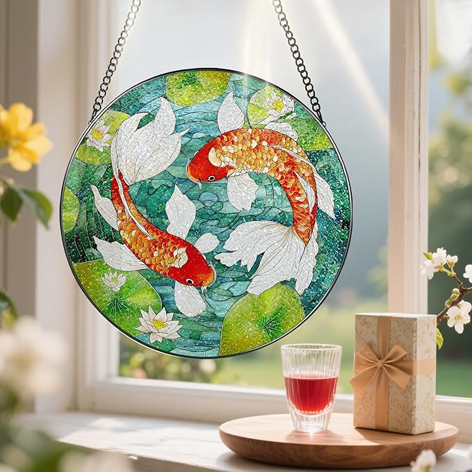 8-Inch Koi Fish Stained Glass Suncatcher Ornament, Stained Glass Window Hanging, Window Hanging Decor – Mother's Day, Christmas, Birthday | Gifts for Parent, Friend, Newlywed, Coworker | Holiday Decor