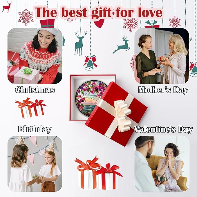 Stained Glass Window Hanging, Purple Flower Landscape Wreath Sun Catcher for Door Home Decor Plants Suncatcher Christmas Mother's Day Birthday Gifts for Women Men Mom Nana 7.8 in