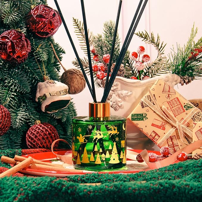 Christmas Reed Diffuser, 6.7 Fl.Oz Balsam & Cedar Scented Diffuser with 6 Sticks, Long Lasting Reed Diffuser for Home, Bathroom Shelf Decor & Gift, Decorative Air Freshener Room Diffuser