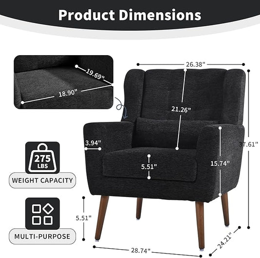 Modern Accent Chair, Upholstered Arm Chair with Waist Pillow, Single Sofa Chair for Living Room Bedroom Small Spaces (Black)