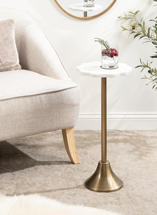 Kate and Laurel Sanzo Modern Pedestal Drink Table, 10 x 10 x 23, Antique Brass and White, Decorative End Table with Scalloped Marble Tabletop for Use as Small Plant Stand or Cute Martini Table