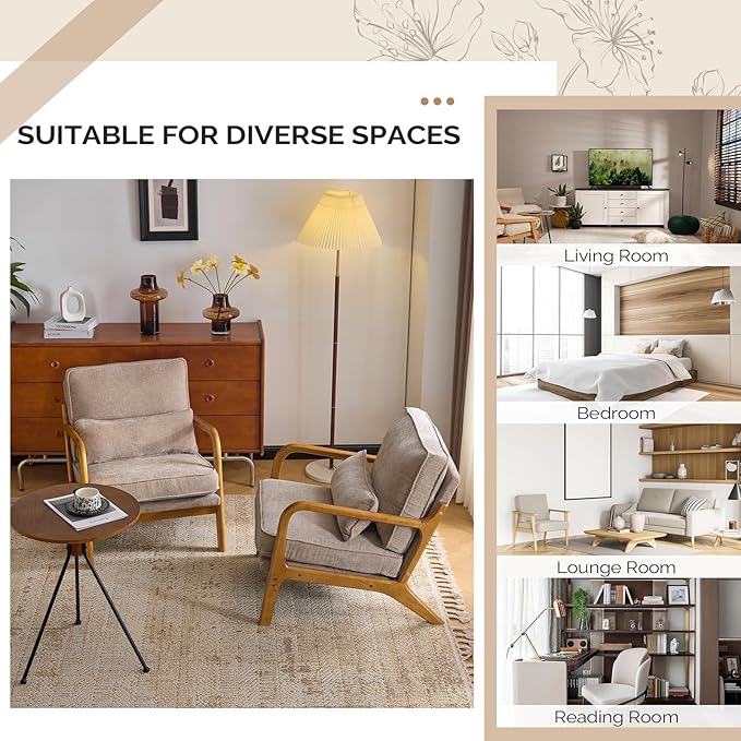 VINGLI Chenille Mid-Century Modern Accent Chair, Cute Reading Arm Chair with Cushion & Lumbar Pillow & Solid Wood Frame for Lounge, Living Room, Reading Room, Bedroom, Light Khaki