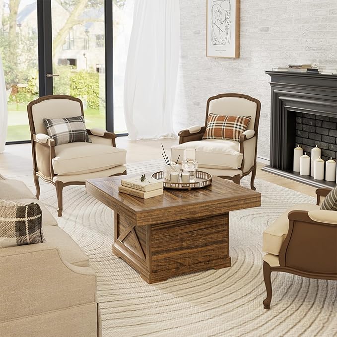 Coffee Table 31.5 in Rustic Center Table with X Design Wooden Pedestal for Living Room, Small Square Home Office Tea Accent Table for Dining Room Apartment, Walnut