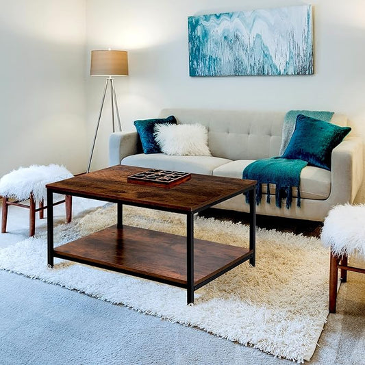 ZenStyle Industrial Coffee Table with Storage Shelf for Living Room, Wood Look Accent Furniture with Vintage Wooden Board Stable Metal Frame Cocktail Table 2-Tier Tea Table, Rustic Brown
