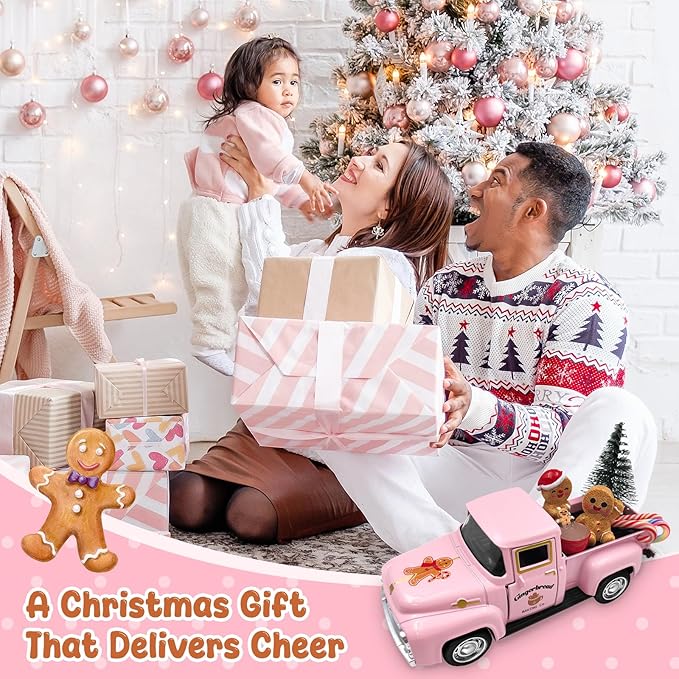 Pink Gingerbread Christmas Decor Vintage Farmhouse Metal Truck with Mini Xmas Tree Gingerbread Man Hot Cocoa Candy Canes Pastel Ginger Bread Christmas Table Decorations for Holiday Mantel Home Kitchen