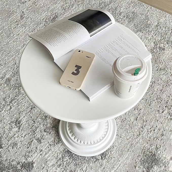 Metal Small End Table,Vintage Matte Black Round Side Table Nightstand for Bedside or Sofa,Small Accent Pedestal Table for Living Room Corners Bedroom Patio and bar (Light White)