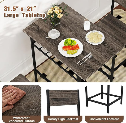 GOFLAME 3-Piece Dining Table Set for 2, Rectangular Wood Kitchen Table & Chair Set with Metal Frame, Storage Rack, Space-Saving Dinette Set for Breakfast Nook, Dining Room, Small Space, Grey