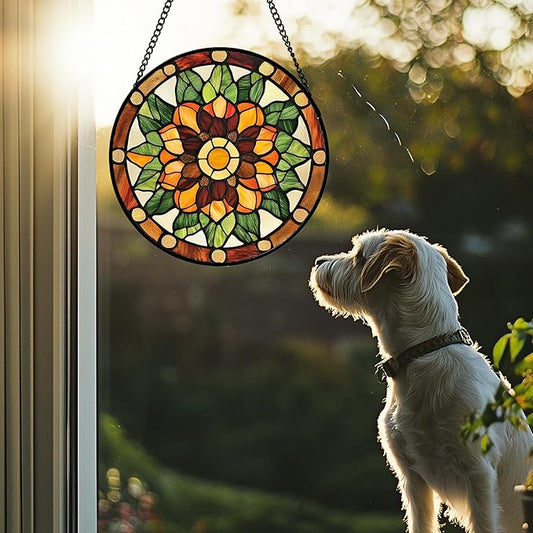 Stained Glass Window Hanging - Yellow Green Boho Style Flowers Sun Catcher for Door Garden Home Decor Suncatcher Christmas Mother's Day Birthday Gifts for Women Mom Girl Nana Friend 7.8 in