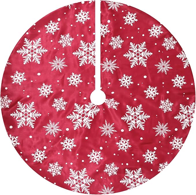Flash World 36 Inch Large Christmas Tree Skirt Xmas Soft Cover Mat Decor Snowflake Collar Farmhouse Tree Skirt for Holiday Ornaments Party Home Indoor Decorations (Flocking Red, 48INCH)