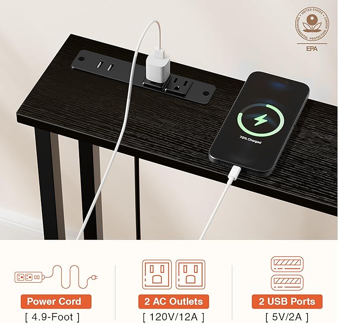 63" Sofa Table Narrow Long - 2 Power Outlets & 4 USB Ports, Metal Frame,Behind Couch Table Behind Sofa for Living Room, Hallway, Entrance- Easy Assembly, 4.9' Extension Cord Included.