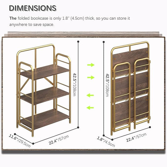 4NM No Assembly Folding Bookshelf, 3 Tiers Collapsible Book Shelves Open Industrial Foldable Storage Bookcase Shelf for Bedroom, Living Room, Home Office - Brown and Gold