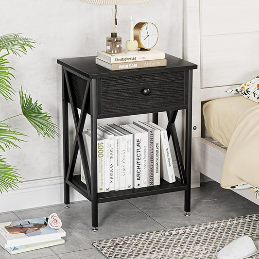 VECELO Nightstands Set of 2, Modern Bedside End Tables, Night Stands with Drawer and Storage Shelf for Living Room Bedroom, Industrial Metal Frame