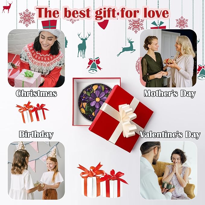 Stained Glass Window Hanging, Purple Green Flowers Sun Catcher for Door Home Decor Plants Suncatcher Christmas Mother's Day Birthday Gifts for Women Men Mom and Nana 7.8 in