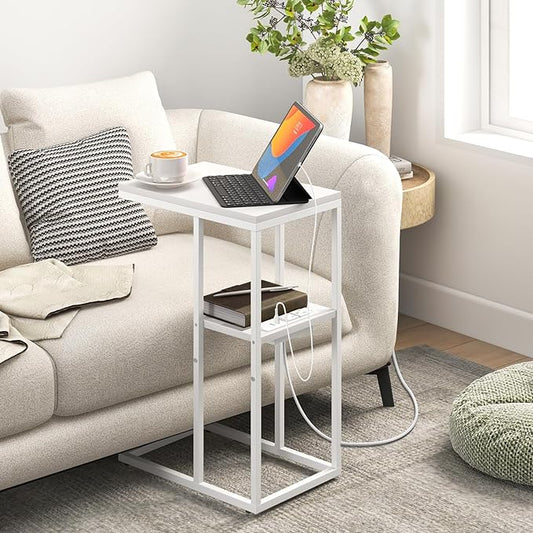 Yoobure C Shaped End Table with Charging Station, Small Side Tables for Living Room Bedroom, Sofa Table with USB Ports and Outlets for Small Spaces, Rustic Bed Side Table