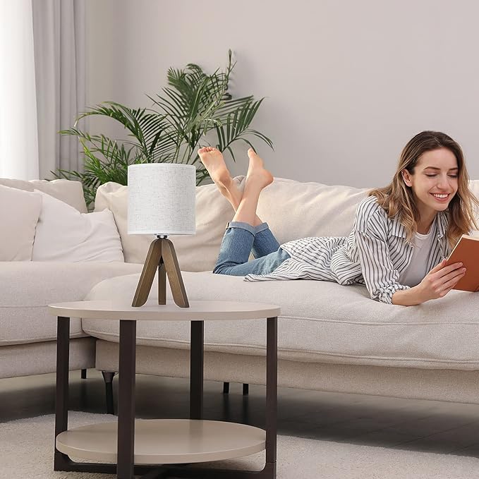 HAITRAL Wooden Tripod Table Lamp with Brown Base, Small Table Lamp Bedsides Lamp with Linen Fabric Shade, Nightstand Lamp Cute Night Lamp for Bedroom,Kids Room,Nursery,Dorm