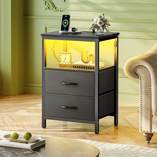 Huuger Night Stand with Charger Station and LED Lights, 2 Drawer Nightstand, Bed Side Table with Open Shelf, End Table, Fabric Dresser for Bedroom, Black