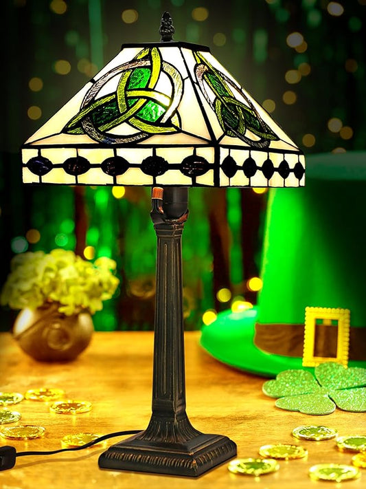 KY&BOSAM Irish Tiffany Table Lamps Round Celtic 17500 Lumens Tiffany Style Lamp Light Stained Glass Desk Lamp Shade E26 Bulb Holder Metal Base Memory Bedroom Living Room Office St Patrick's Day Decor