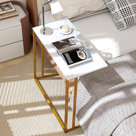 C-Shaped Side Table, Modern End Table with Metal Frame, Space Saving Design for Living Room,Large Surface Couch Table for Bedroom, and Home Office,24 x 12 x 24 inches (Marble White)