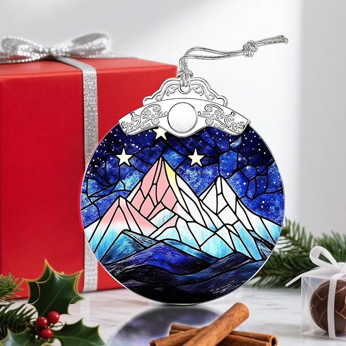Stained Glass Ornament, Christmas Ornaments, Christmas Tree Ornaments & Holiday Decor – Gifts for Nature Lovers, Ideal Holiday Present & Xmas Gift - Starry Sky and Mountains