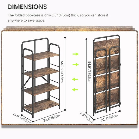 4NM No Assembly Folding Bookshelf, 4 Tiers Collapsible Book Shelves Open Industrial Foldable Storage Bookcase Shelf for Bedroom, Living Room, Home Office - Rustic Brown and Black
