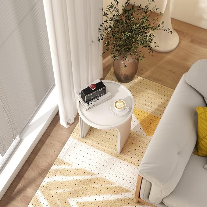 17.7”Wide Modern Side Table, White Wooden End Table, Round Accent Table for Small Spaces, Bedside, Couch Side, Narrow Nightstand for Living Room
