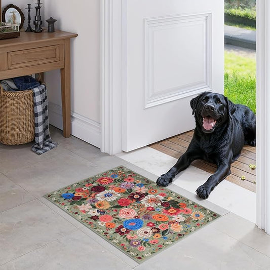 Area Rugs 24x17 Inch Home Decor Entry Rug Green, Small Door Mat Bath Mats for Bathroom, Ultra-Thin Non Slip Floral Low Pile Tub Mat for Sink Shower Doorway Tub Kitchen Sink(2 x 1.4 ft, Green Garden)