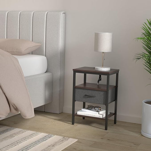 SUPERJARE Nightstand Set of 2, Bed Side Tables with Charging Station, Adjustable Fabric Drawer, Night Stand for Bedroom, 3-Tier Storage End Tables, Walnut, 8694NC