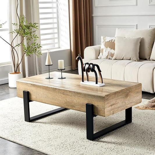 47.24" Rectangle Coffee Table, Wood Coffee Table Center Table with 7.8" Thick Tabletop Metal Legs Rounded Corners for Living Room Office, Natural Wood