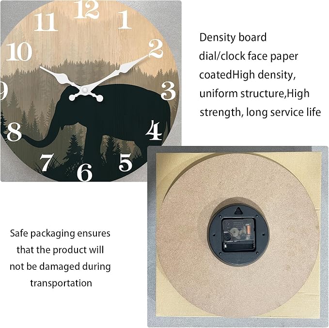 XFM 10 inch Elephant Wall Clock Silent Non-Ticking Clocks Forest Wildlife Wall Clocks Battery Operated Rustic Farmhouse Clock for Home Decor Living Room Kitchen Office