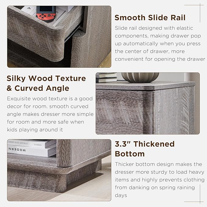 ACCOHOHO Modern Nightstand Set of 2 with Charger Station, 22" Wide Night Stand with Storage Drawer & Open Shelf, Large Bedside Table for Bedroom, Wood End Table, Curved Profile, Grey