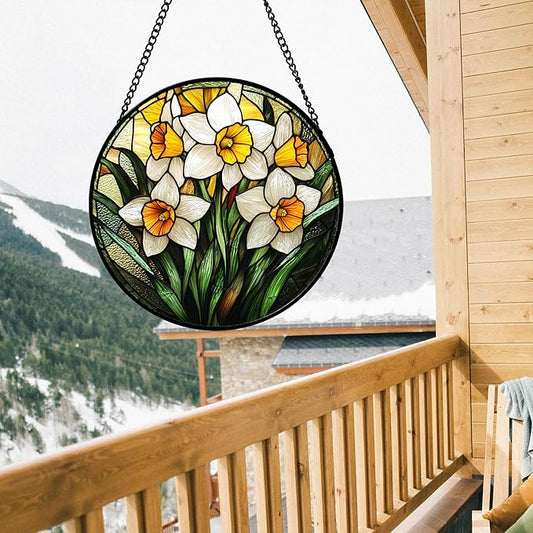 Stained Glass Window Hanging, Yellow and White Daffodils Sun Catcher for Door Home Decor Plants Flowers Suncatcher Christmas Mother's Day Birthday Gifts for Women Men Mom Nana 7.8 in