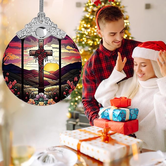 Cross Christmas Ornament - Stained Glass Holiday Decoration for Tree, Xmas Gift Idea