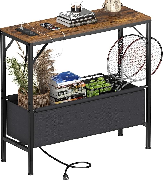 Small Console Table with Charging Station and Storage Basket, 31.5'' Couch Table Behind Sofa, Entryway Table, Narrow Console Table for Hallway, Foyer, Living Room, Rustic Brown