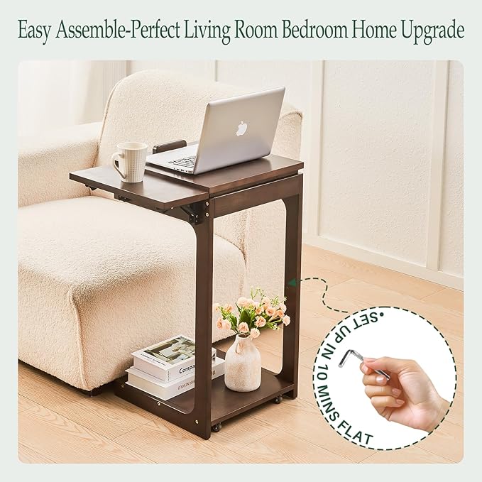 Wood Side Table for Couch - C Shaped Rolling End Table with Wheels, Wooden Modern Tv Tray Bedside Tables Nightstand for Sofa Armchair Living Room Bedroom, Black Walnut, 15.7 in x 15.7 in x 29.5 in