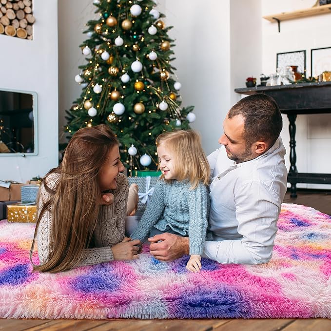 Super Fluffy Rug for Bedroom, 4x6 Shag Fuzzy Area Rug for Living Room Bedroom, Plush Soft Carpet for Girls Boys Kids, Non Slip Throw Rugs for Dorm, Modern Home Decor Aesthetic, Dark Rainbow