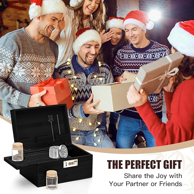 Large bamboo box, locked storage decorative box with combination lock, wooden lock box with lid, wooden locked storage box with removable tray and jars (Black)