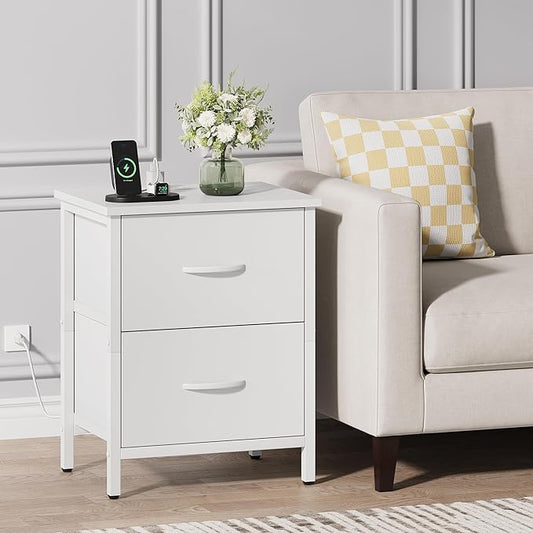 Vagusicc Nightstand with Charging Station, Bedside Table with USB Ports and Outlet, End Table Side Table with 2 Fabric Drawers for Bedroom, Living Room, White