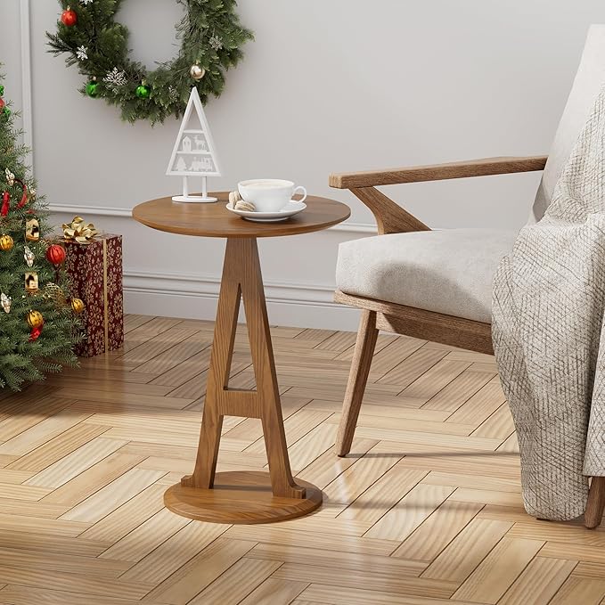 Aoligrace Round End Table, Farmhouse Side Table with Unique A-Shaped Leg,Wooden Small Coffee Tables for Couch Sofa Nightstand Accent Tables for Living Room Bedroom,Easy to Assemble