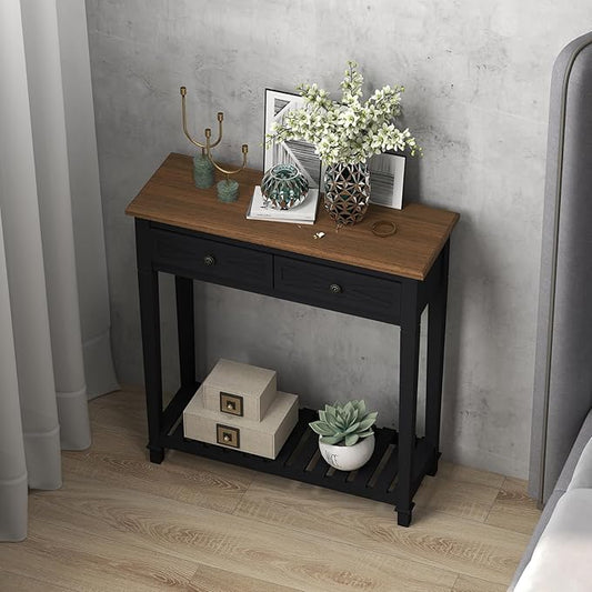 kinbor Narrow Console Table with Shelf & Drawers Small Entryway Table Hallway Table for Entryway Living Room Bedroom Foyer Office Black