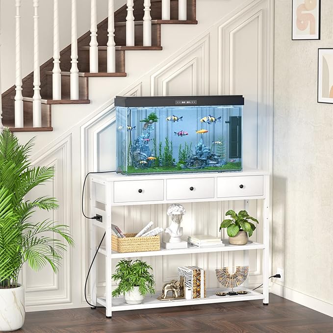 Ecoprsio 47'' Entryway Table with Outlets and USB Ports, Console Table with 3 Drawers, Sofa Table Narrow Long with Storage Shelves for Living Room, Couch, Hallway, Foyer, Kitchen Counter, White