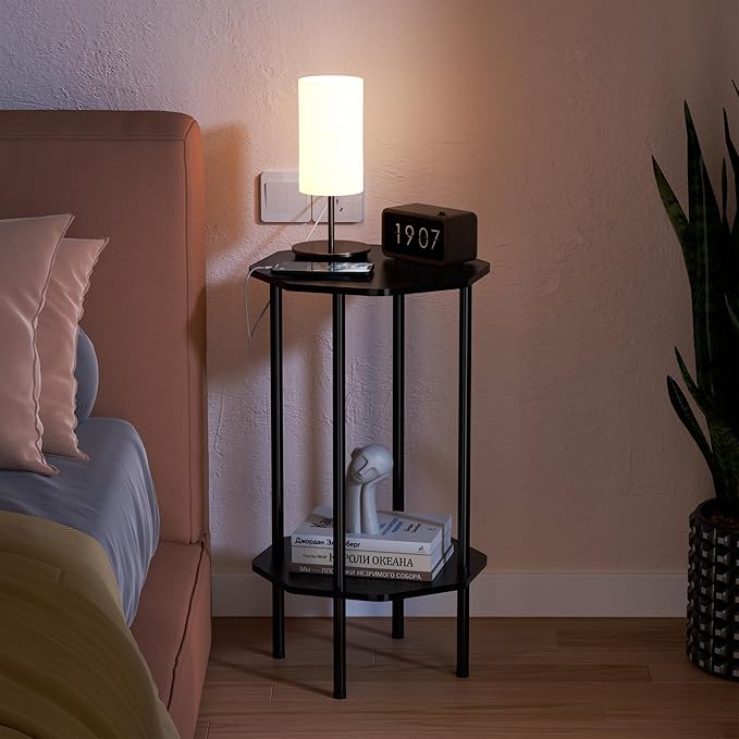 Side Table, Octagonal End Table for Small Spaces, Nightstand with 2 Storage Shelves, Small Table Stand for Bedroom, Living Room, Outdoor Balcony(Black)