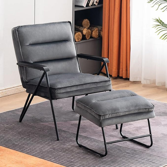 MCombo Modern Accent Chair, Velvet Club Chair, Upholstered Armchair for Small Space, Living Room & Office Reception, Fabric 4747 4750 (Chair with Ottoman, Dark Grey)