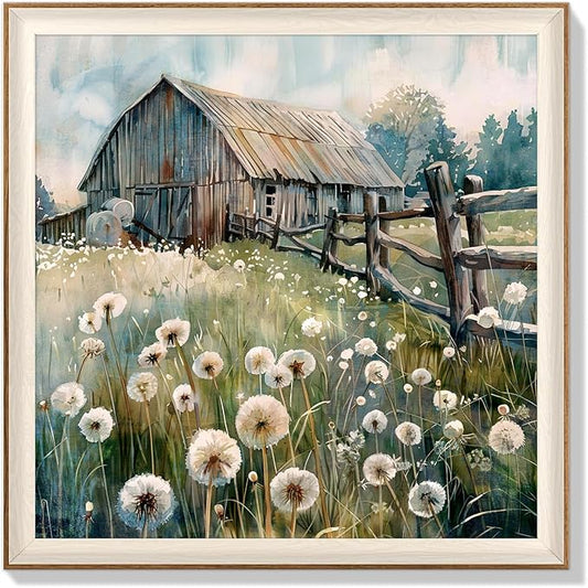 YUEYARIT Framed wall art, vintage wall decor, modern farmhouse style dandelion decor, canvas printed pictures, suitable for gifts, cottagecore bedroom, bathroom, living room, and office artwork.(12X12)inch