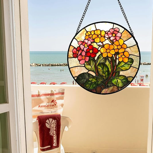 Stained Glass Window Hanging, Yellow Red Flowers Sun Catcher for Window Door Home Decor Green Plant Suncatcher Christmas Mother's Day Birthday Gifts for Women Men Mom and Nana 6.3 in