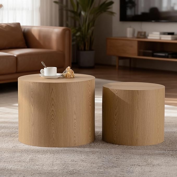 Nesting Round Coffee Table Set of 2, Small Circle Accent End Table for Small Spaces, Morden Drum Side Table, Wooden Center Table for Living Room, Fully Assembled - Natural